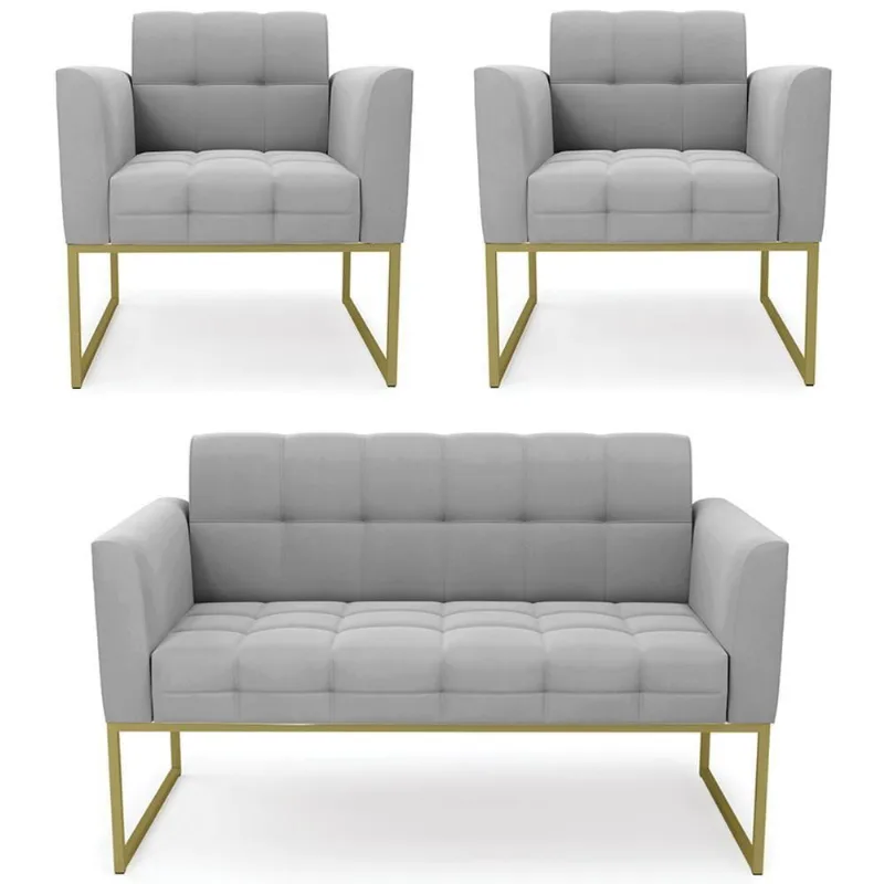 Sofá Namoradeira E 2 Poltronas Base Industrial Dourado Ana Suede Cinza - Ibiza