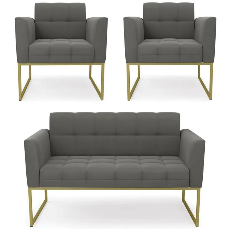 Sofá Namoradeira E 2 Poltronas Base Industrial Dourado Ana Suede Grafite - Ibiza