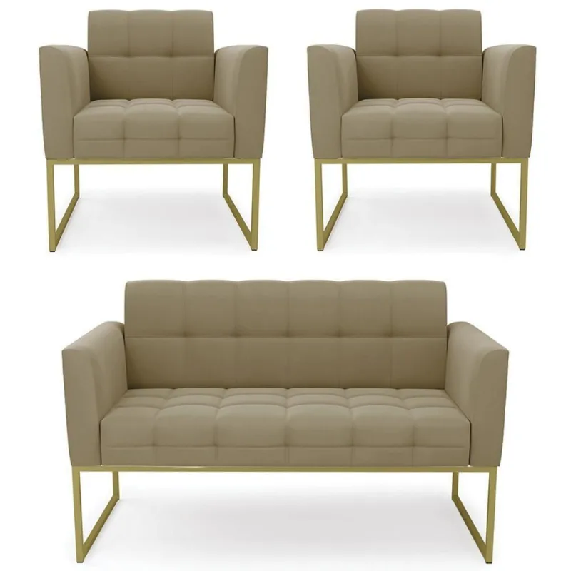 Sofá Namoradeira E 2 Poltronas Base Industrial Dourado Ana Suede Marrom Rt - Ibiza