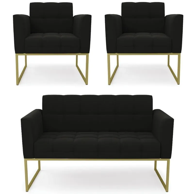 Sofá Namoradeira E 2 Poltronas Base Industrial Dourado Ana Suede Preto - Ibiza