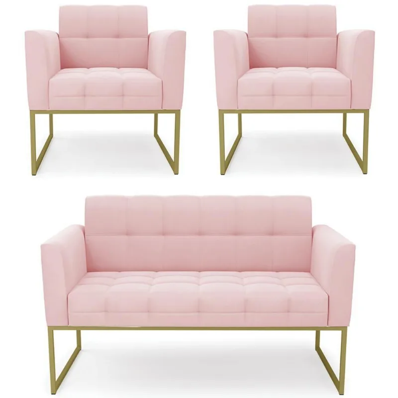 Sofá Namoradeira E 2 Poltronas Base Industrial Dourado Ana Suede Rosa Bebê - Ibiza