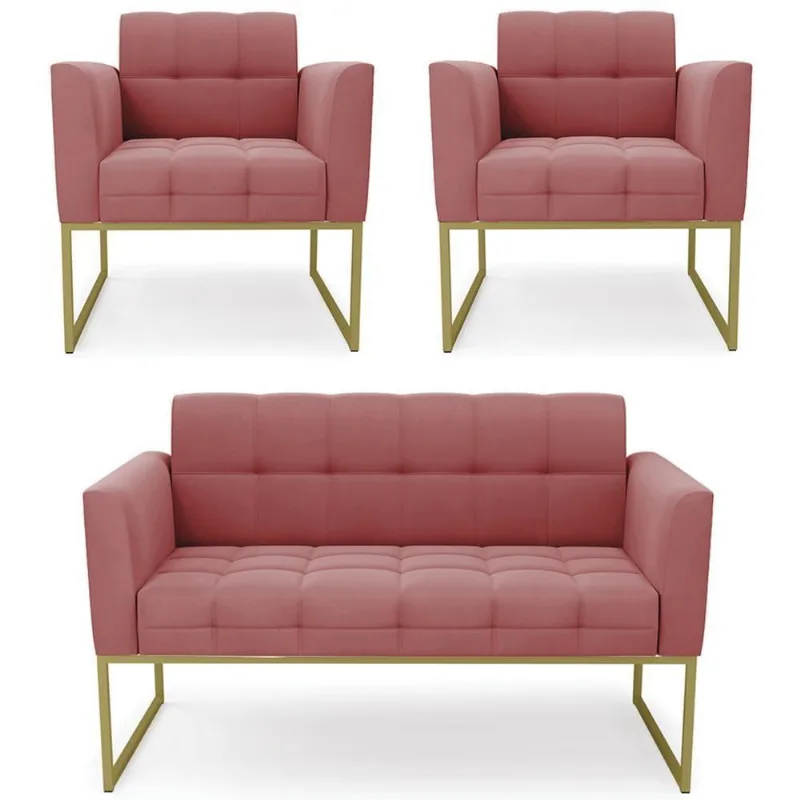 Sofá Namoradeira E 2 Poltronas Base Industrial Dourado Ana Suede Rosê - Ibiza