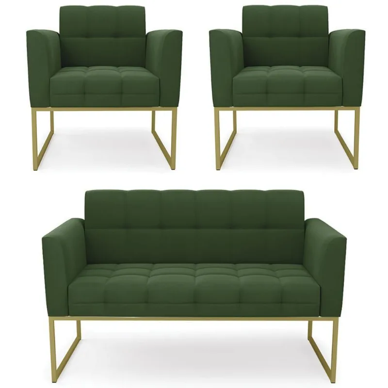 Sofá Namoradeira E 2 Poltronas Base Industrial Dourado Ana Suede Verde - Ibiza