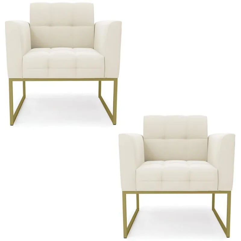 Poltrona Base Industrial Dourado Kit 2 Ana Veludo Bege - Ibiza