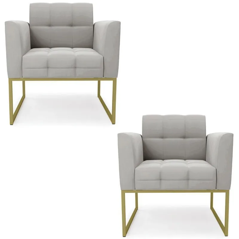 Poltrona Base Industrial Dourado Kit 2 Ana Veludo Cinza - Ibiza