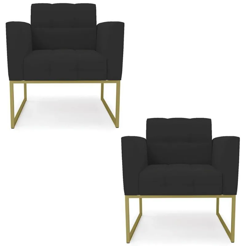 Poltrona Base Industrial Dourado Kit 2 Ana Veludo Preto - Ibiza