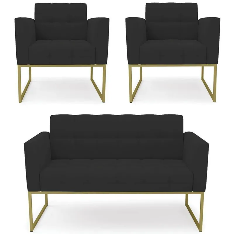 Sofá Namoradeira E 2 Poltronas Base Industrial Dourado Ana Veludo Preto - Ibiza