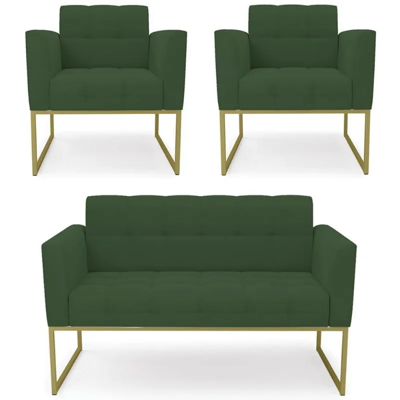 Sofá Namoradeira E 2 Poltronas Base Industrial Dourado Ana Veludo Verde - Ibiza
