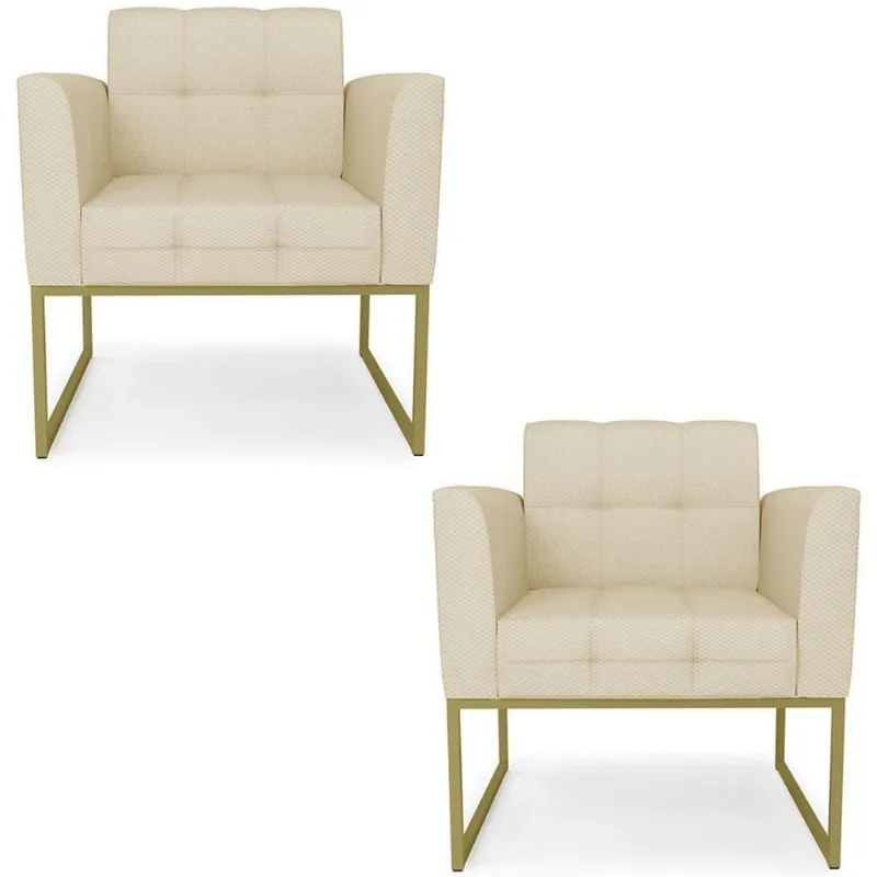 Poltrona Base Industrial Dourado Kit 2 Ana Veludo Luxo Off White - Ibiza