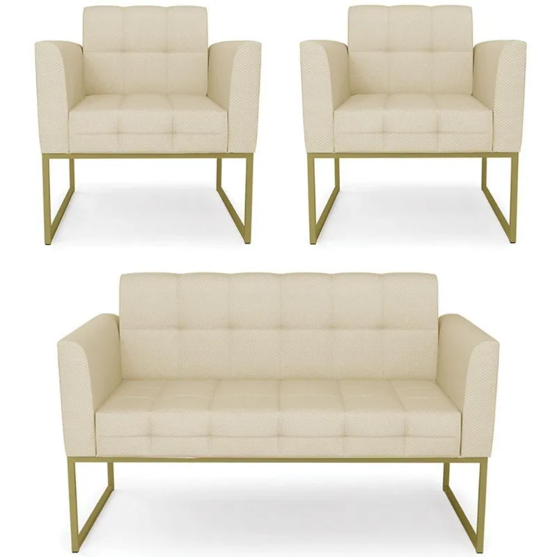 Sofá Namoradeira E 2 Poltronas Base Industrial Dourado Ana Veludo Luxo Off White - Ibiza