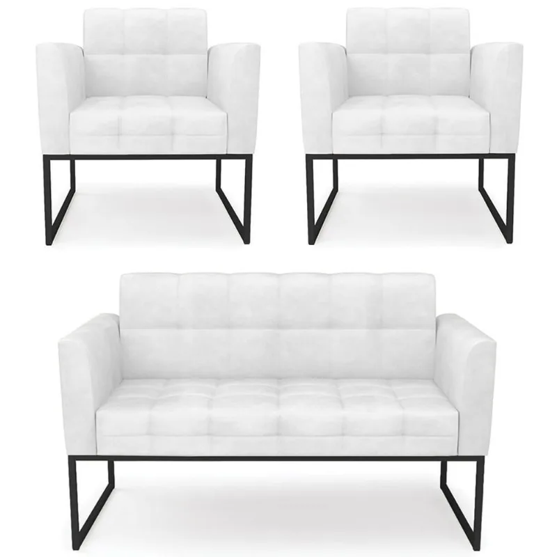 Sofá Namoradeira E 2 Poltronas Base Industrial Preto Ana Sintético Pu Branco - Ibiza