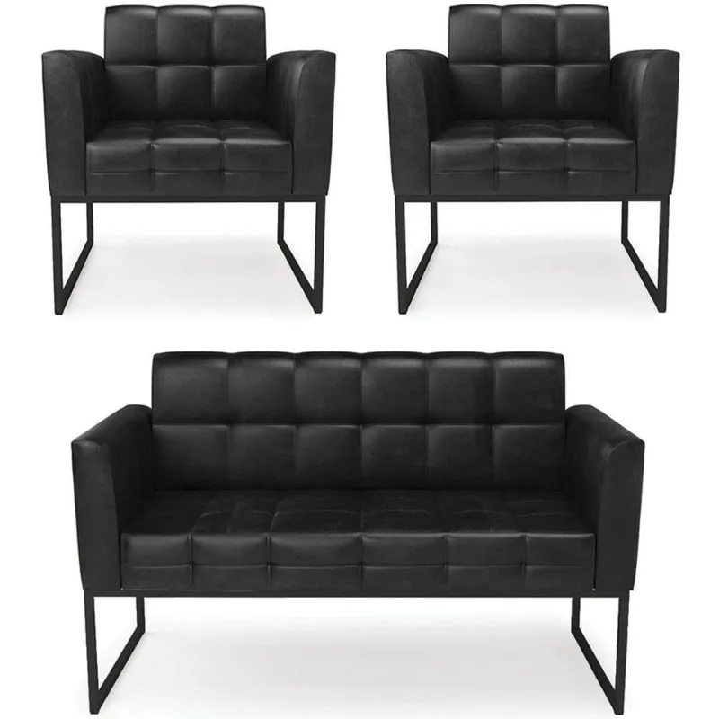 Sofá Namoradeira E 2 Poltronas Base Industrial Preto Ana Sintético Pu Preto - Ibiza