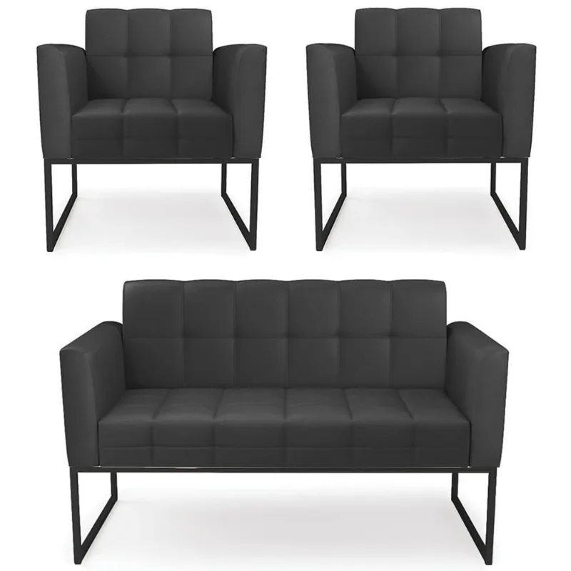 Sofá Namoradeira E 2 Poltronas Base Industrial Preto Ana Sintético Preto - Ibiza