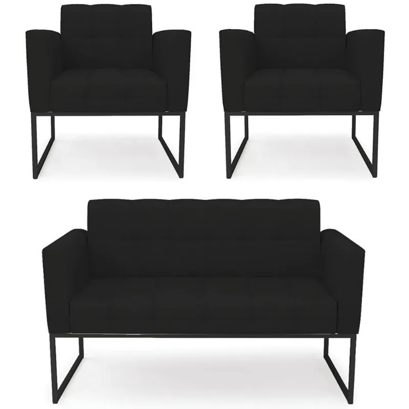 Sofá Namoradeira E 2 Poltronas Base Industrial Preto Ana Linho Preto - Ibiza