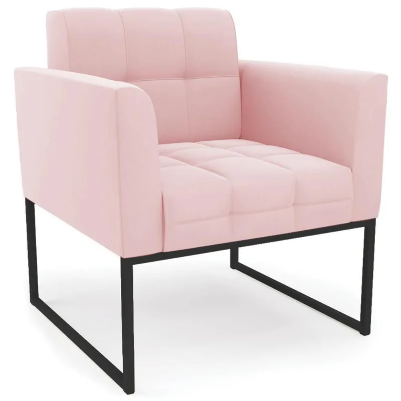Poltrona Decorativa Base Industrial Preto Ana Suede Rosa Bebê - Ibiza