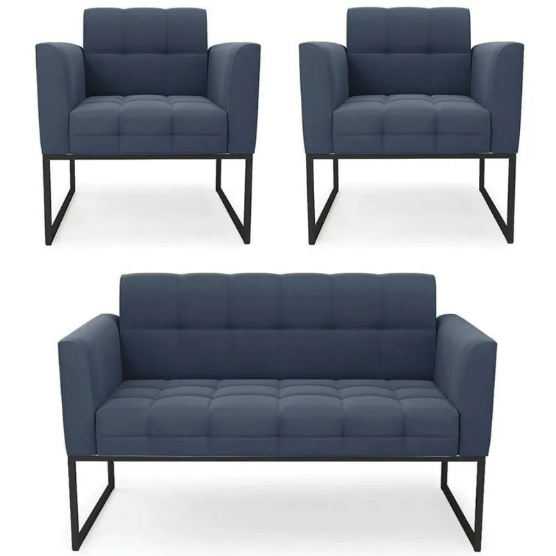 Sofá Namoradeira E 2 Poltronas Base Industrial Preto Ana Suede Azul Marinho - Ibiza