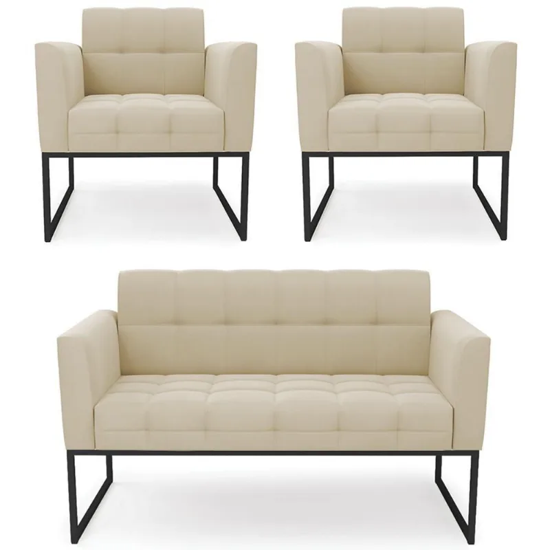 Sofá Namoradeira E 2 Poltronas Base Industrial Preto Ana Suede Bege - Ibiza