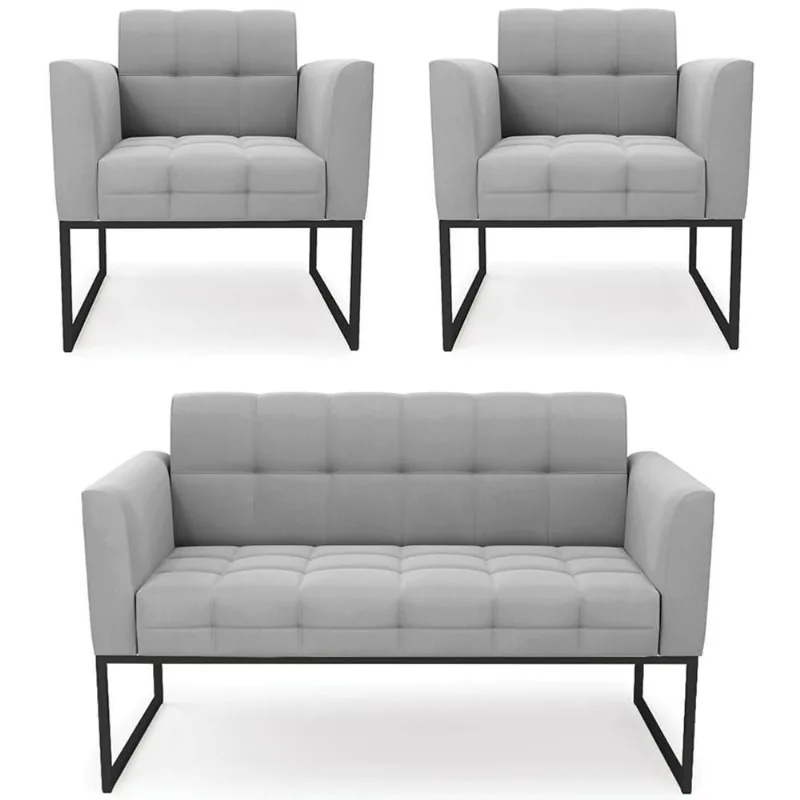 Sofá Namoradeira E 2 Poltronas Base Industrial Preto Ana Suede Cinza - Ibiza