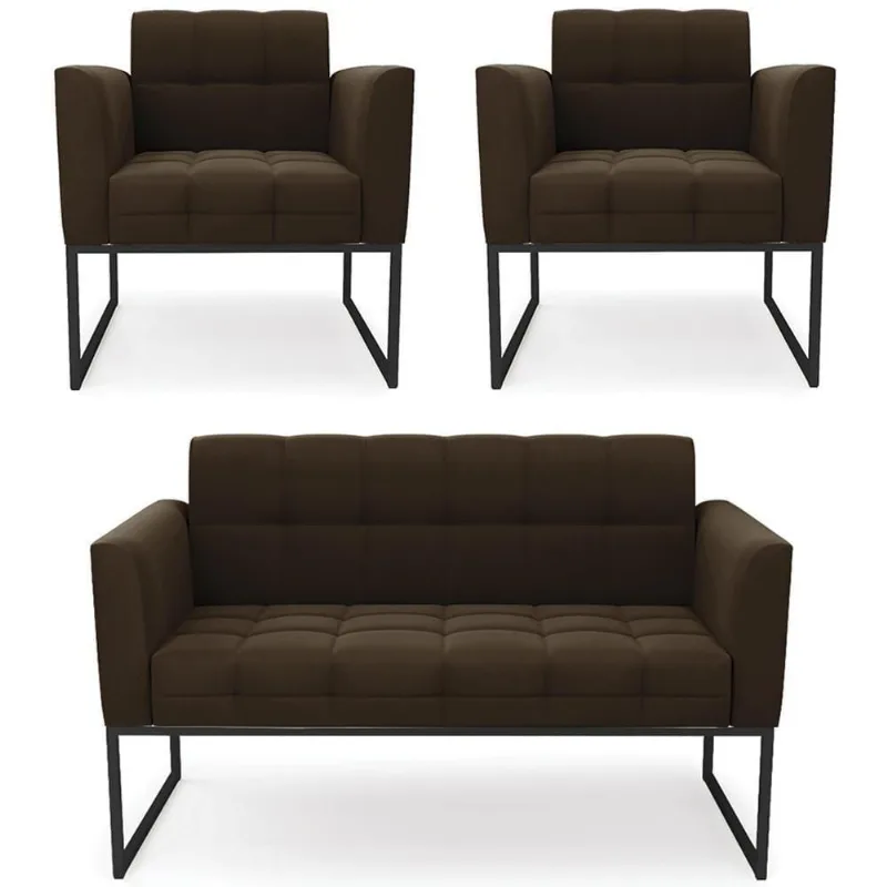 Sofá Namoradeira E 2 Poltronas Base Industrial Preto Ana Suede Marrom - Ibiza