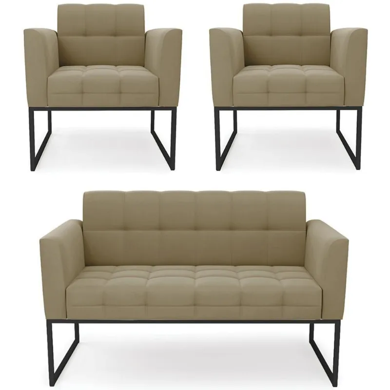 Sofá Namoradeira E 2 Poltronas Base Industrial Preto Ana Suede Marrom Rt - Ibiza