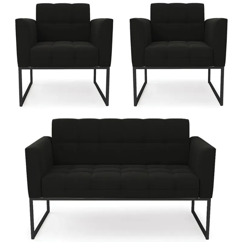 Sofá Namoradeira E 2 Poltronas Base Industrial Preto Ana Suede Preto - Ibiza