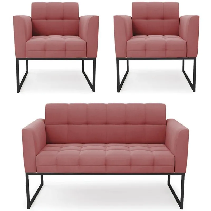 Sofá Namoradeira E 2 Poltronas Base Industrial Preto Ana Suede Rosê - Ibiza