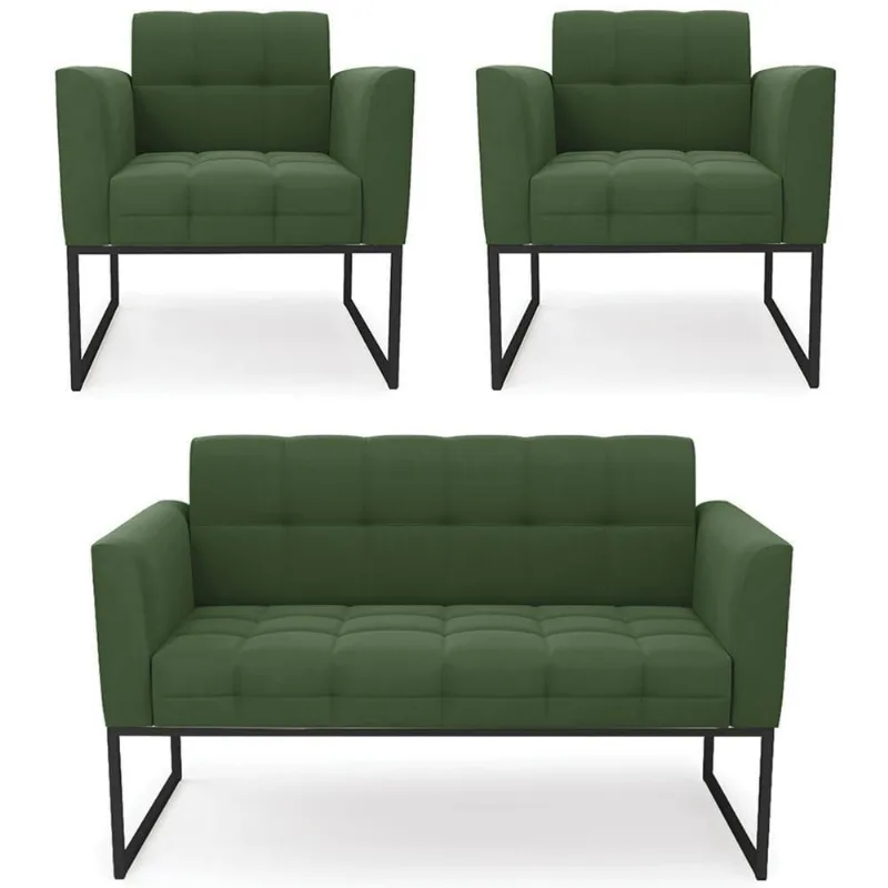 Sofá Namoradeira E 2 Poltronas Base Industrial Preto Ana Suede Verde - Ibiza