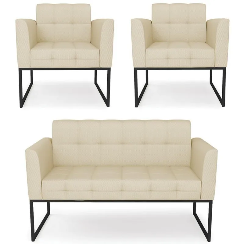 Sofá Namoradeira E 2 Poltronas Base Industrial Preto Ana Veludo Luxo Off White - Ibiza