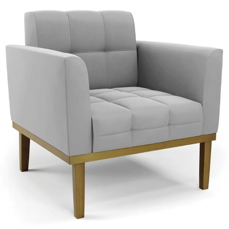 Poltrona Decorativa Base Madeira Castanho Ana Suede Cinza - Ibiza
