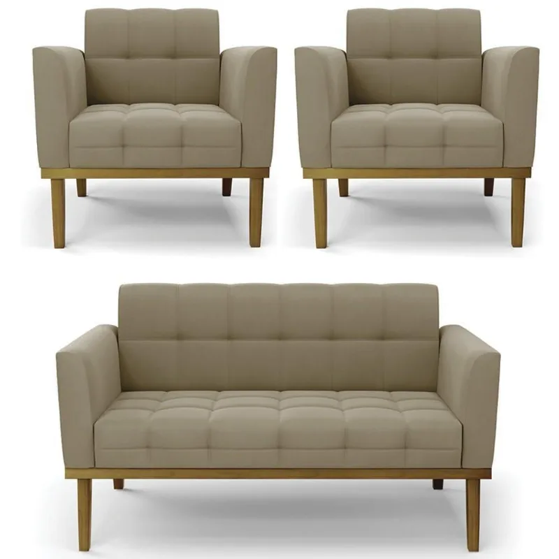 Sofá Namoradeira E 2 Poltronas Base Madeira Castanho Ana Suede Marrom Rt - Ibiza