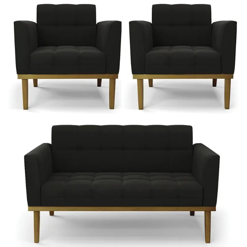 Sofá Namoradeira E 2 Poltronas Base Madeira Castanho Ana Suede Preto - Ibiza