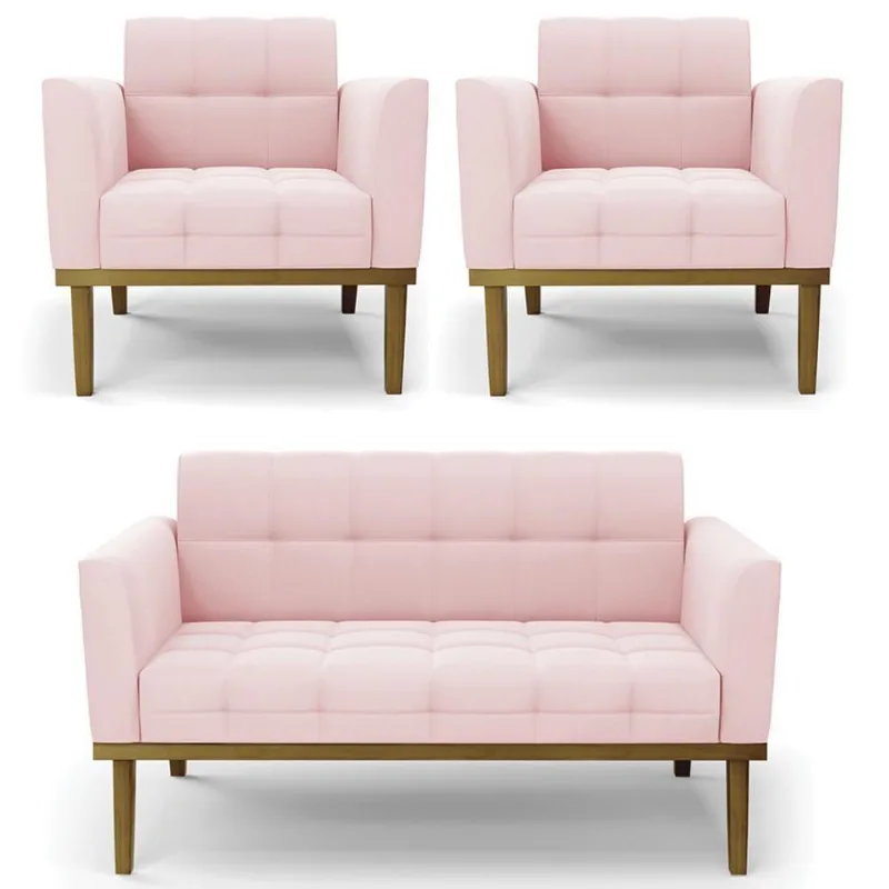 Sofá Namoradeira E 2 Poltronas Base Madeira Castanho Ana Suede Rosa Bebê - Ibiza