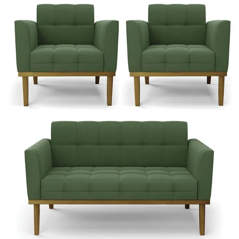 Sofá Namoradeira E 2 Poltronas Base Madeira Castanho Ana Suede Verde - Ibiza
