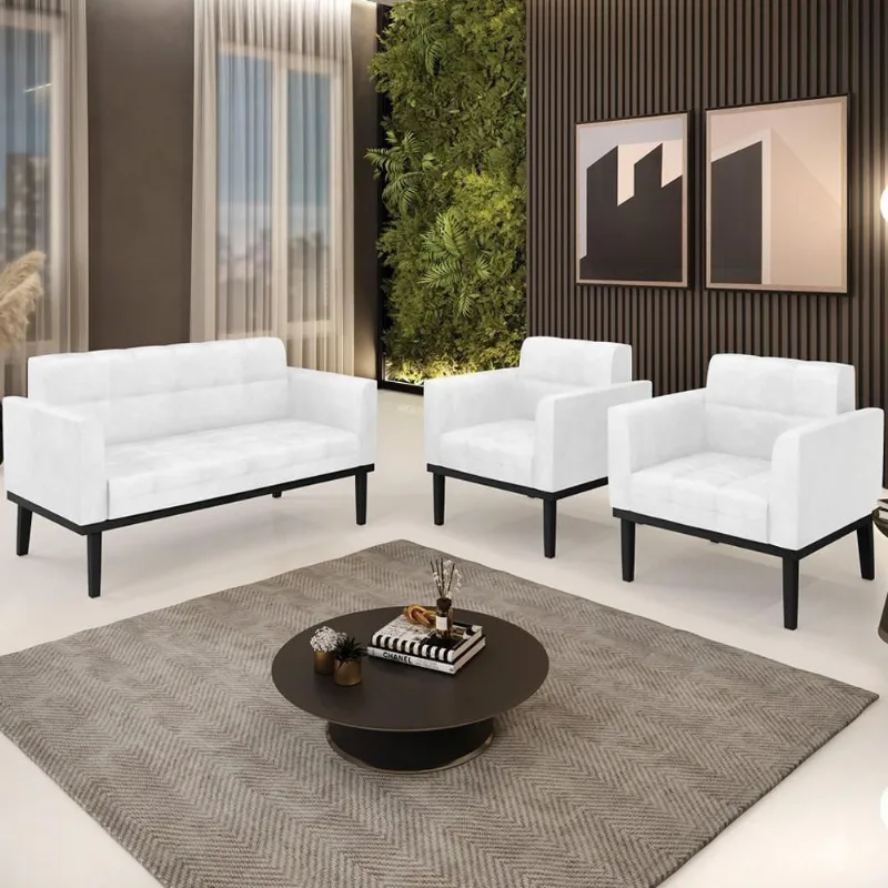 Sofá Namoradeira E 2 Poltronas Base Madeira Preto Ana Sintético Pu Branco - Ibiza