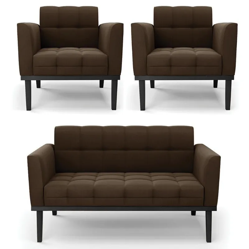 Sofá Namoradeira E 2 Poltronas Base Madeira Preto Ana Suede Marrom - Ibiza