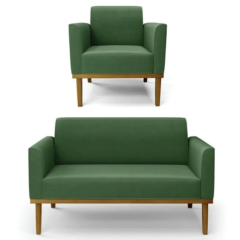 Sofá Namoradeira E 1 Poltrona Base Madeira Castanho Maressa Suede Verde - Ibiza