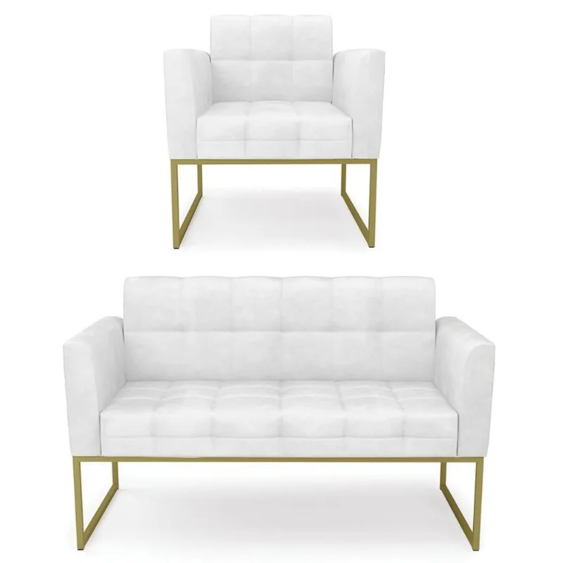 Sofá Namoradeira E 1 Poltrona Base Industrial Dourado Ana Sintético Pu Branco - Ibiza