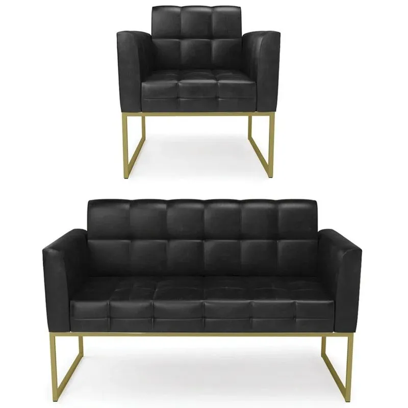 Sofá Namoradeira E 1 Poltrona Base Industrial Dourado Ana Sintético Pu Preto - Ibiza