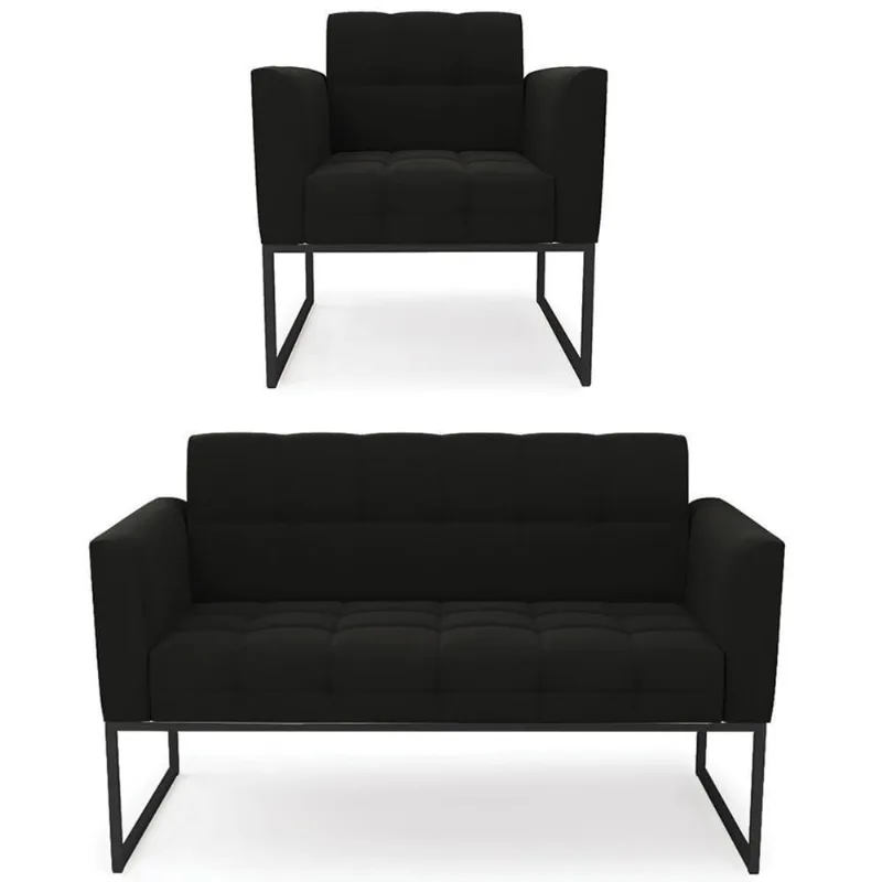 Sofá Namoradeira E 1 Poltrona Base Industrial Preto Ana Suede Preto - Ibiza