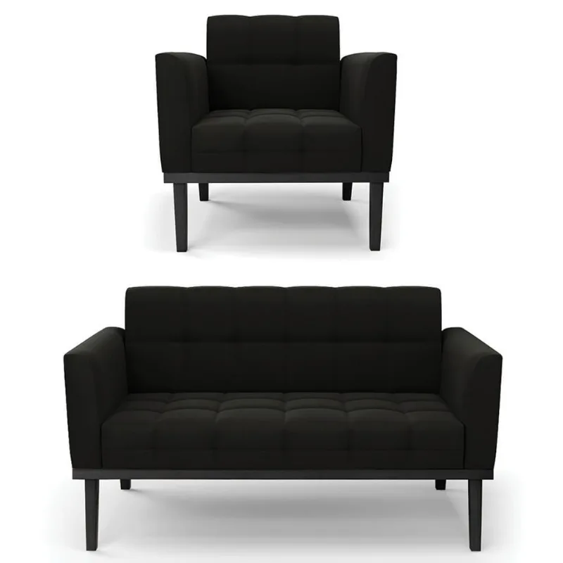 Sofá Namoradeira E 1 Poltrona Base Madeira Preto Ana Suede Preto - Ibiza