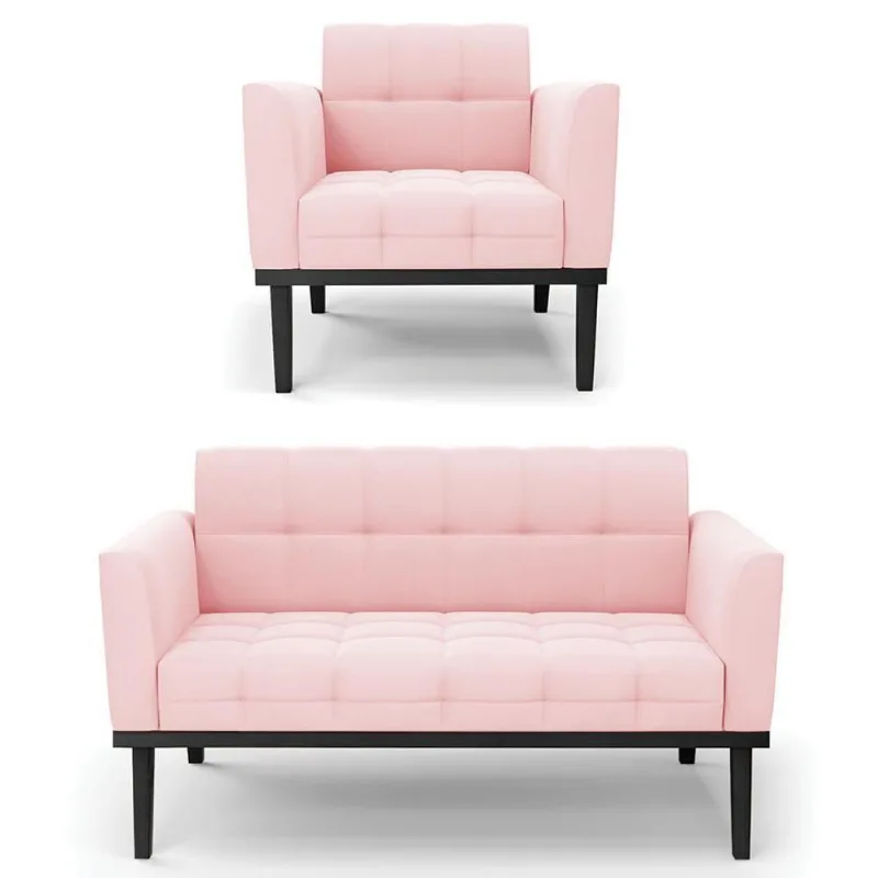 Sofá Namoradeira E 1 Poltrona Base Madeira Preto Ana Suede Rosa Bebê - Ibiza