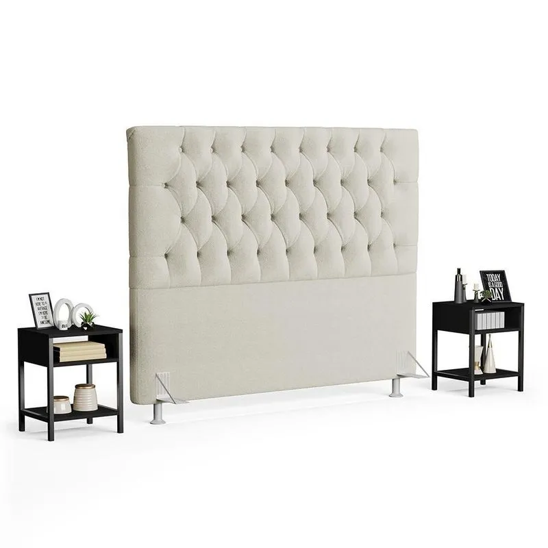 Cabeceira Casal 140cm Cristal Boucle Bege E 2 Mesas Laterais Plaza Lc1 Preto - Mpozenato