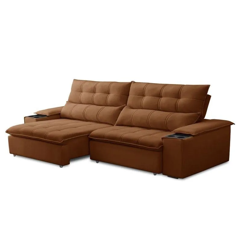 Sofá Retrátil 3 Lugares Com Porta Copo 230cm Malta F05 Veludo Terracota
