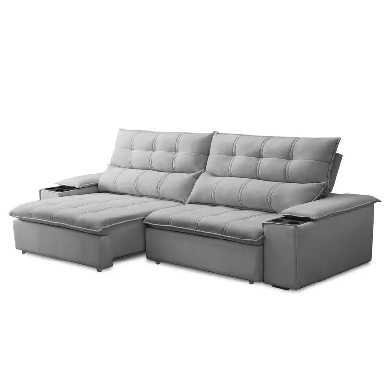 Sofá Retrátil 3 Lugares Com Porta Copo 250cm Malta F05 Veludo Cinza