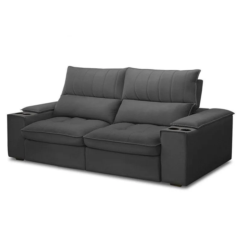 Sofá Retrátil 3 Lugares Com Porta Copo 210cm Andes F05 Veludo Grafite