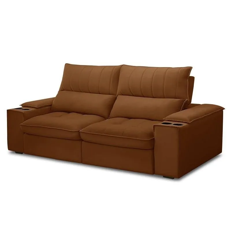 Sofá Retrátil 3 Lugares Com Porta Copo 210cm Andes F05 Veludo Terracota - Mpozenato