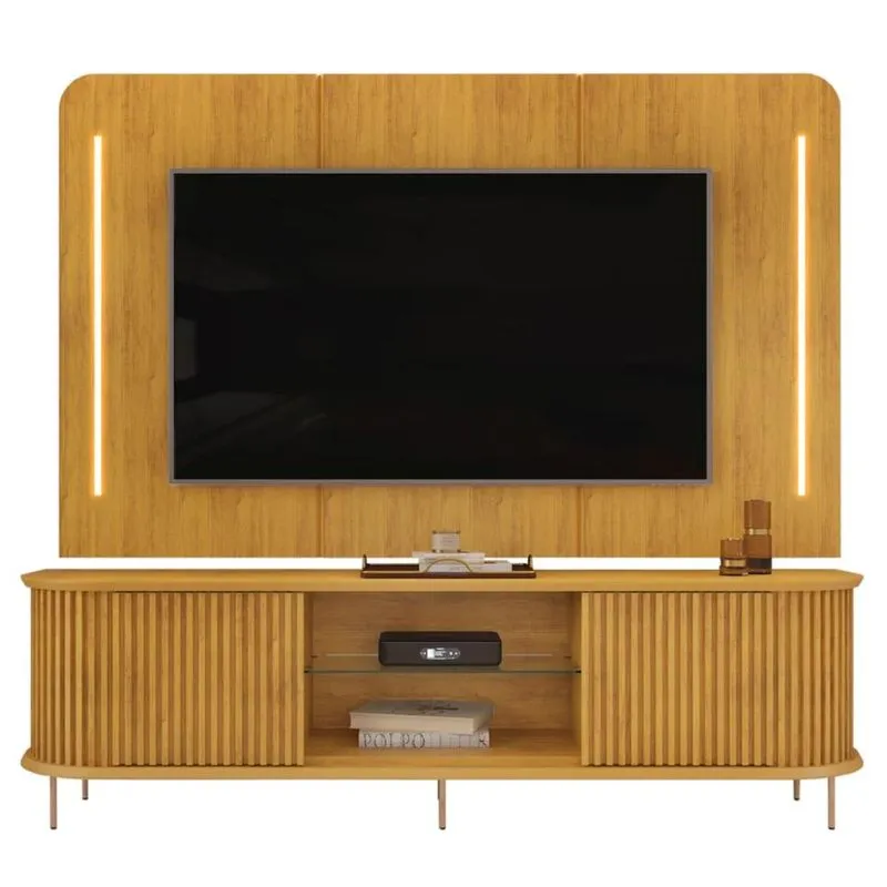 Painel Para Tv 75 Pol E Rack Bancada Ripado 218cm World D04 Cedro - Mpozenato