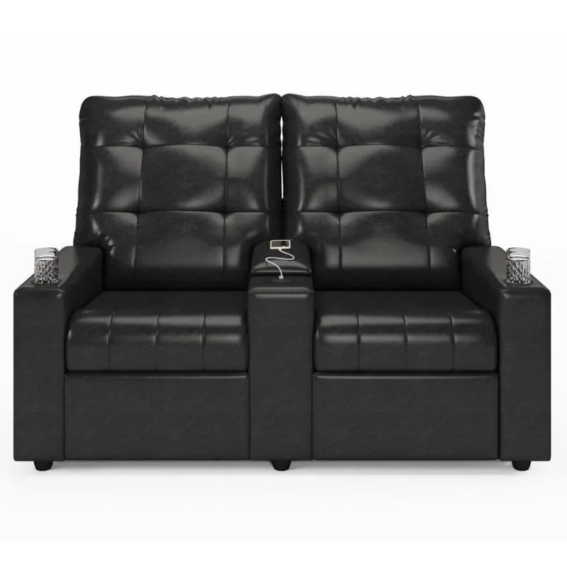 Poltrona De Cinema Reclinável 2 Lugares Baú Usb Mallie Fh9 Pu Preto Brilho - Mpozenato