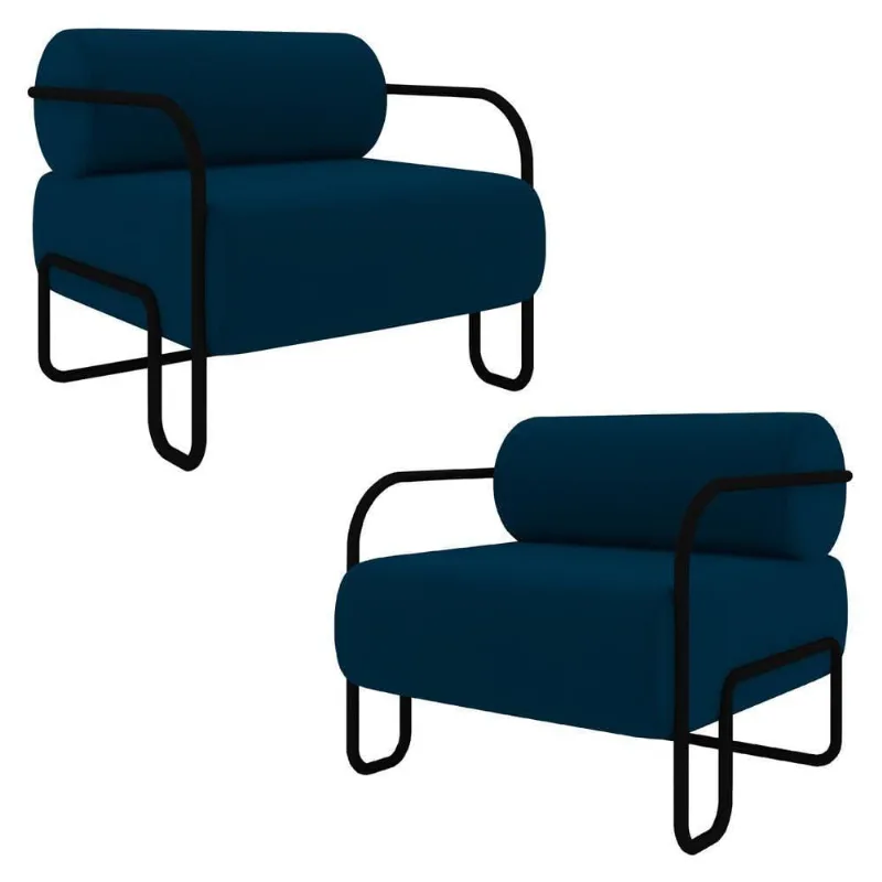 Poltrona Decorativa Para Sala Industrial Kit 2 Kira K04 Veludo Azul - Mpozenato