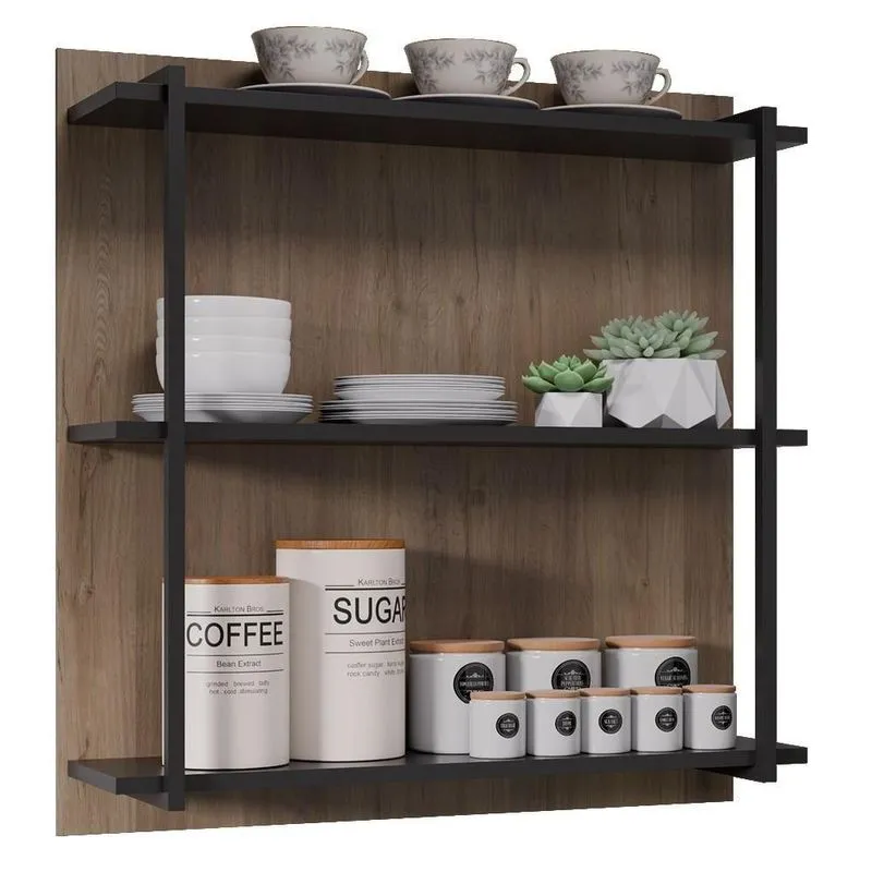 Prateleira Industrial Cozinha Tripla Com Painel Flora Z34 Freijó/preto - Mpozenato